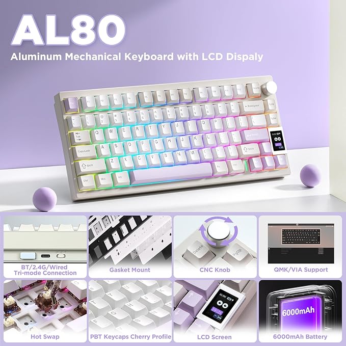 YUNZII AL80 Wireless Mechanical KeyboardFull Aluminum CNC Smart LCD DisplayHot Swappable Gasket Mount 75% Layout with KnobBT/2.4G/USB-CQMK/VIA Support for Win/Mac (Beige Gateron Zero Switch)