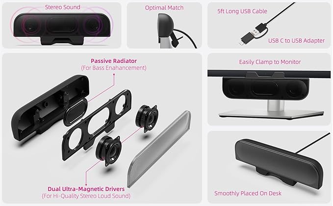 Computer Speakers for Desktop PC Monitor Speakers USB Plug-in Wired External Speaker for Laptop Small Computer Soundbar for PC with Loud Sound Deep Bass USB-C Adapter Easily Clamp to Monitor