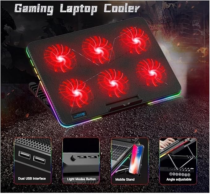 Universal Laptop Stand RGB Lighting Gaming Style 6 Fans LED Screen 12-15.6 Inch Laptop Cooling Pad with Mobile Phone Holder