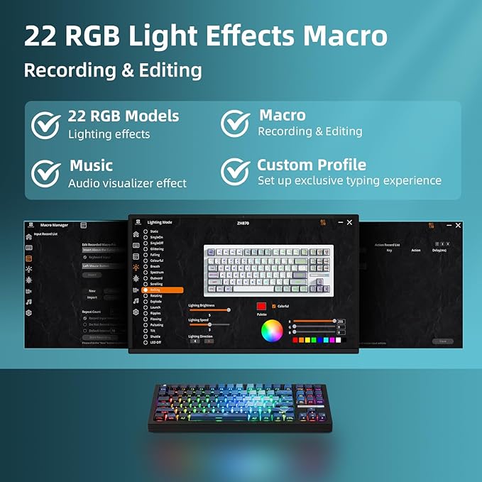 ZORNHER ZH870 Wireless Mechanical Gaming Keyboard80% Blue Custom Creamy Sound Keyboard with Lighted Up Dye Sublimation PBT KeycapsPre-lubed Linear SwitchesHot-SwappableRGB Backlit
