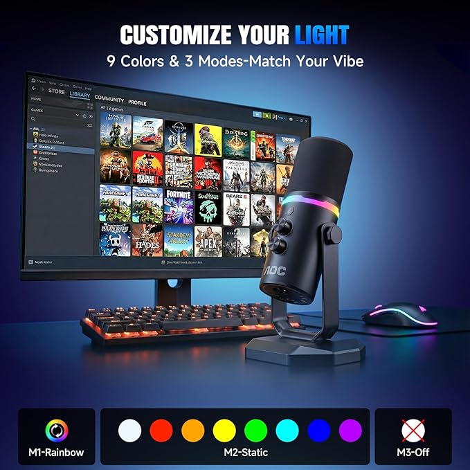 AOC USB/XLR Dynamic MicrophonePC Gaming Mic with RGB LightPodcast Mic for Recording Streaming Vocal &amp Singing with Mute Button 3.5mm Headphone JackDesktop Stand (XLR Cable Included)