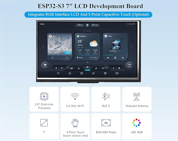 ESP32-S3 7inch Display Development Board ESP32 with 800×480 Pixel IPS LCD Screen 32-bit LX7 Dual-Core Processor Up to 240MHz Frequency Support W F&amp BLE 5 (No Touch)