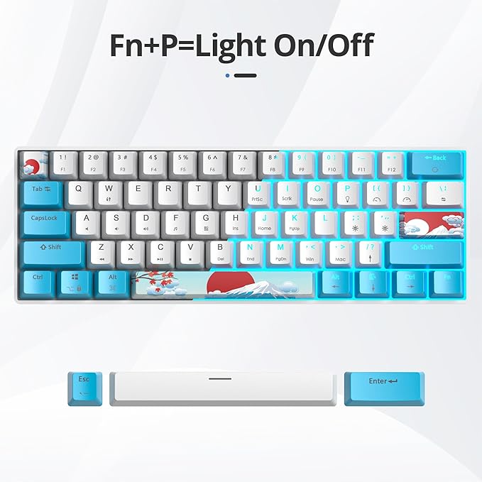 surmen 60% Wired Mechanical Gaming Keyboard Backlit Ultra-Compact Mini Office Keyboard with Red Switch for PC/Mac Gamer Typist (61 Blue White)