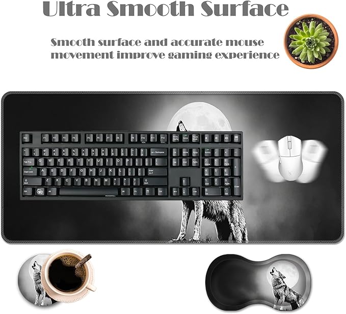 Ergonomic Keyboard Wrist Rest &amp Mouse Pad Wrist Rest SetXL Gaming Desk Mat 31.5x 11.8Non-Slip BaseMemory FoamEasy Typing Pain Relief for Office &amp HomeHowling Wolf in Moonlight