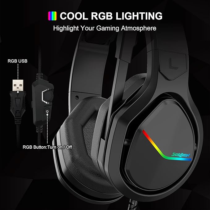 SOULION S10 Gaming Headset with Microphone RGB Lights PC Headphones with Noise Canceling Mic for PS4 PC Xbox One Soft Memory Earmuffs Headsets for PS5 Laptop Mac Mobile