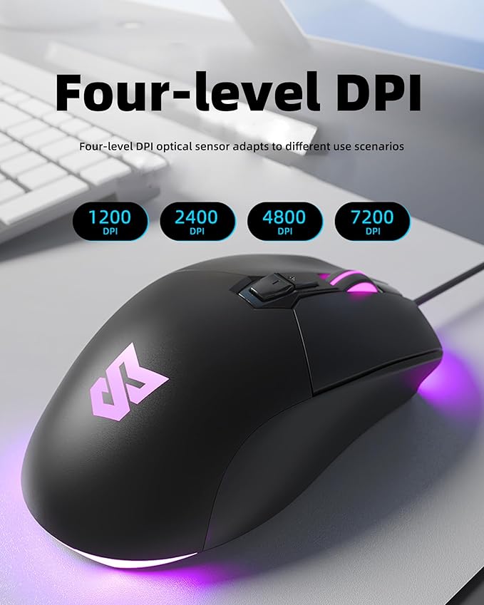 Wired Gaming Mouse Ergonomic Wired Mouse for Laptop RGB Mouse 7200 DPI Optical Sensor Adjustable USB C RGB LED Backlit Gaming Mice with 7 Programmable Buttons Black