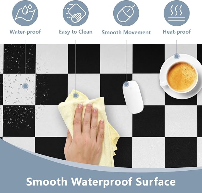 Mouse Pad Desk Mat Leather Desk Pad Large Gaming Desk Cover Protector Mat for Keyboard Computer Laptop Office Waterproof 35.4 x 16.5 Inch Checkered Black and White