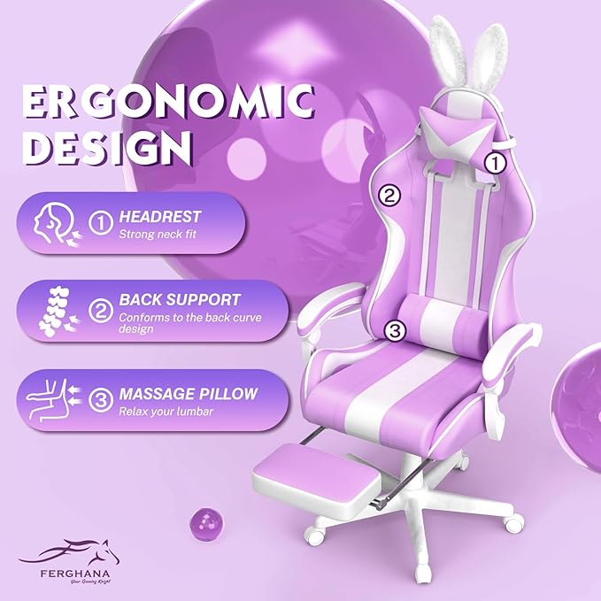 Ferghana Kawaii Light Purple Gaming Chair with Bunny Ears Ergonomic Cute Gamer Chair with Footrest and Massage Racing Reclining Leather Computer Game Chair 250lbs for Girls Adults Teens Kids