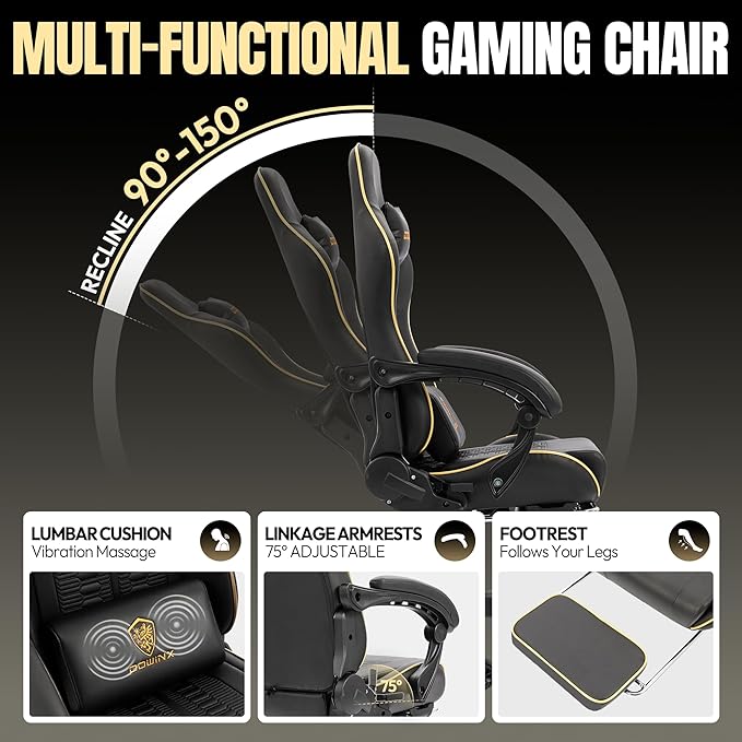 Dowinx Gaming Chair Big and Tall 350LBS Heavy Duty PC Gaming Chair with Massage &amp Footrest Ergonomic Reclining Gamer Chair with Embroidered Esports Design Black