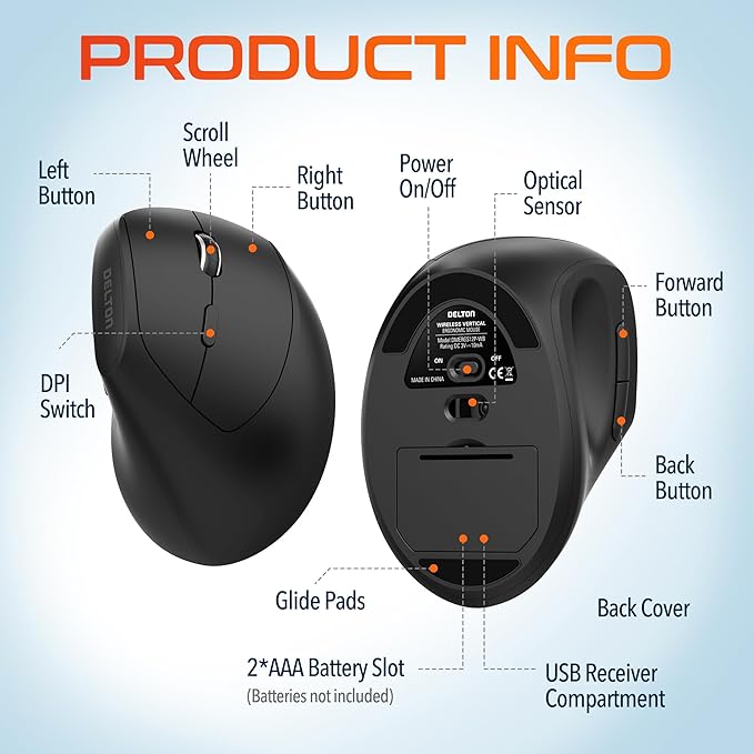 Delton S12P Vertical Computer Wireless Mouse 6 Buttons 3 Adjustable DPI (800/1200 /1600) Compatible with Windows/Laptop/PC/MacOS - Black