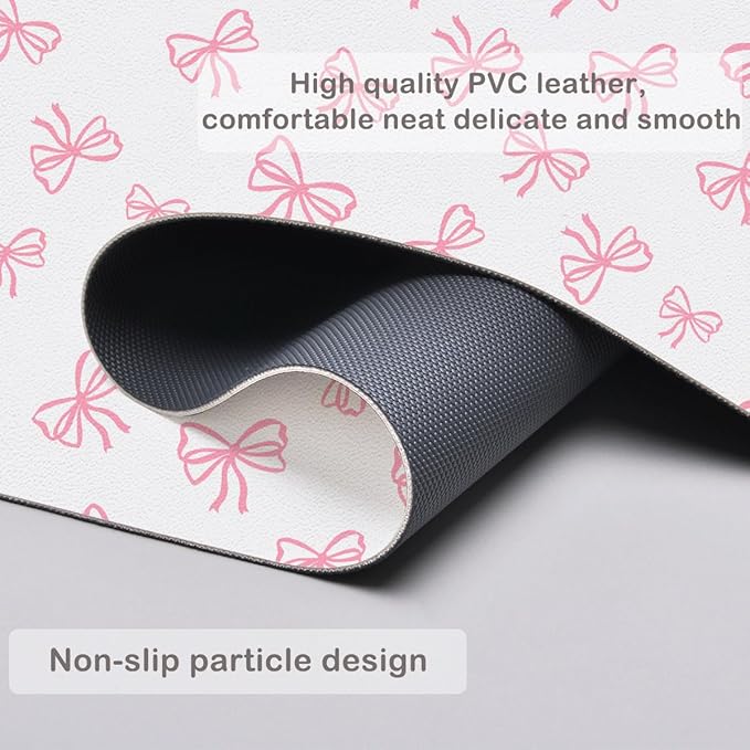 Cute Pink Bow White Extended Gaming Keyboard Mouse Pad Non-Slip Leather Home Office Desk Mat Protector Laptop Desk Pad Writing Pad