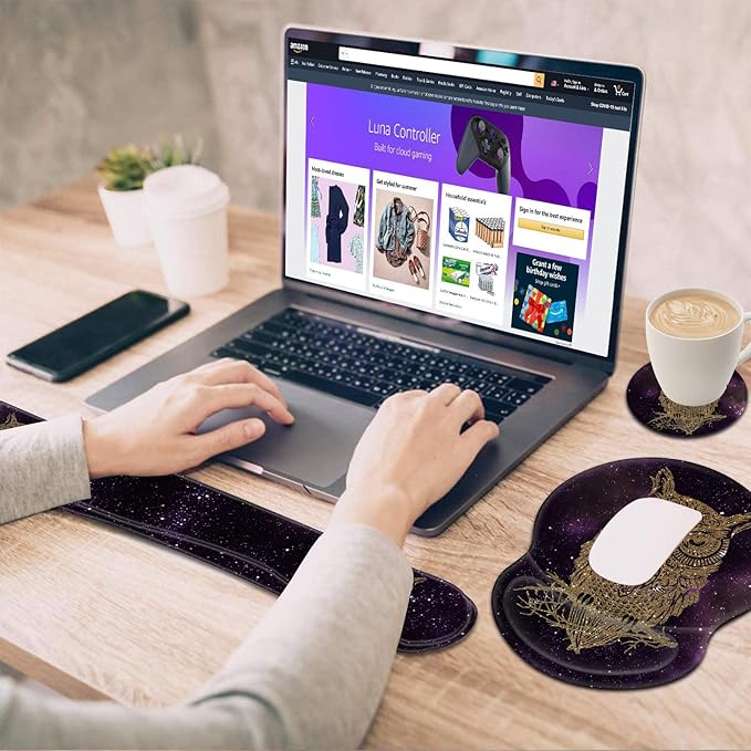 Ergonomic Gel Mouse Wrist Rest Pad and Keyboard Pad SetAnti-Slip PU Bottom Easy Typing and Relieve Wrist Pain with Cute Coaster Set (3-Starry Owl)