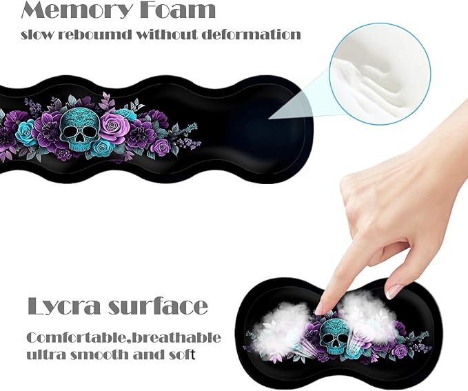 Ergonomic Keyboard Wrist Rest &amp Mouse Pad Wrist Rest SetXL Gaming Desk Mat 31.5x 11.8Non-Slip BaseMemory FoamEasy Typing Pain Relief for Office &amp HomeTeal Skull Purple Blue Flowers