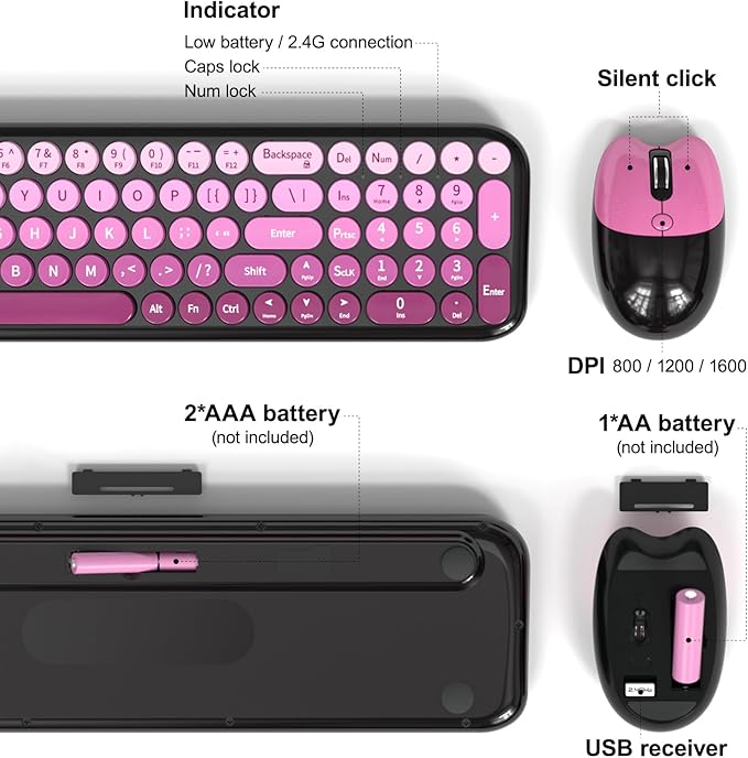Wireless Keyboard and Mouse Combo MOWUX Compact Typewriter Retro Round Computer Keyboard Cute Optical Mouse Wireless Plug and Play for Laptop PC Computer- Black Pink Gradient