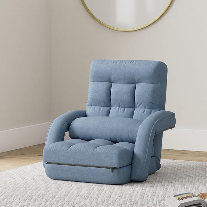 Indoor Floor Chair with Armrest and PillowFolding Chaise Lounge Chair for BedroomFloor Gaming Recliner Chair for Adult42-Position Adjustable Floor Chair for Living RoomGaming Room (Blue)