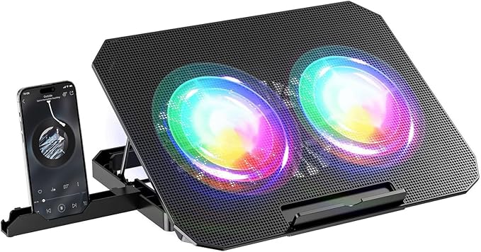2-Fan Computer Cooling Pad Height Adjustable Laptop Stand with Phone Holder Lightweighted for Airflows Boosting Cooling Pad with Phone Stand