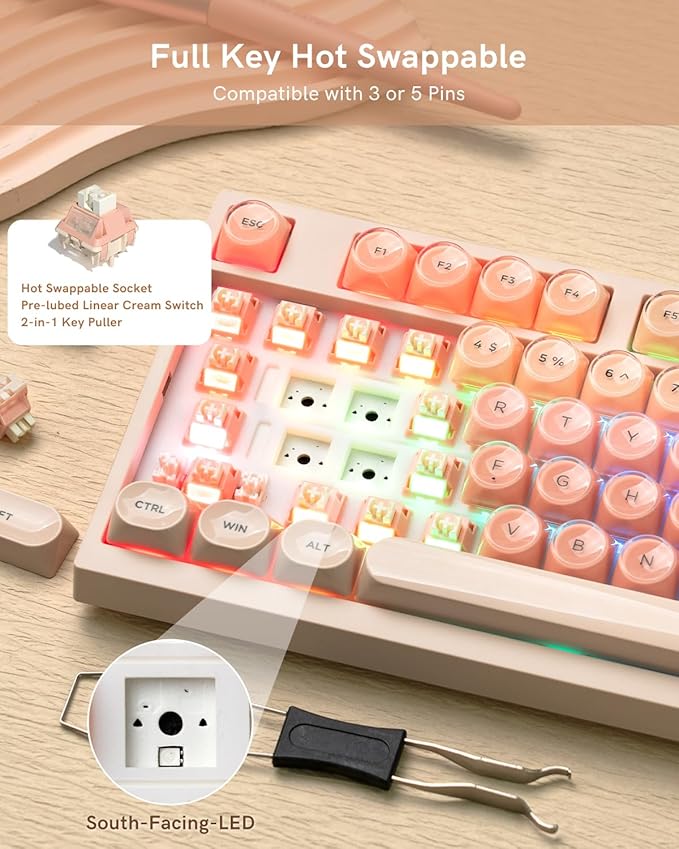 WK75 Wireless Mechanical Keyboard with Knob 75% Foundation Pink Creamy Keyboard Hot Swappable Pre-lubed Switches Gasket Mount with MOA Profile Jelly Keycaps RGB Backlit Gaming Keyboards