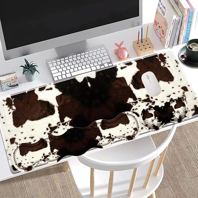 Large Gaming Mouse Pad + Keyboard Wrist Rest + Wrist Support + Coaster Set Memory Foam Ergonomic for Easy Typing XXL Extended Gaming Mouse Pad Table Pad - Cow Hide Print