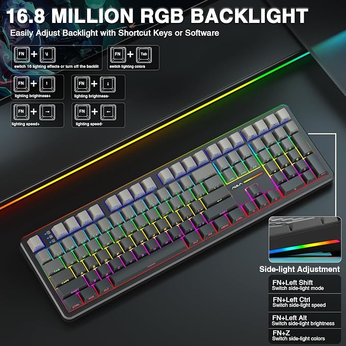 AULA F108 Wireless Mechanical Keyboard Full Size Gaming Keyboard with Number Pad Side Printed PBT Keycaps Pre-lubed Switches RGB Backlit Hot Swappable Creamy Sounding Computer Keyboards (Renewed)