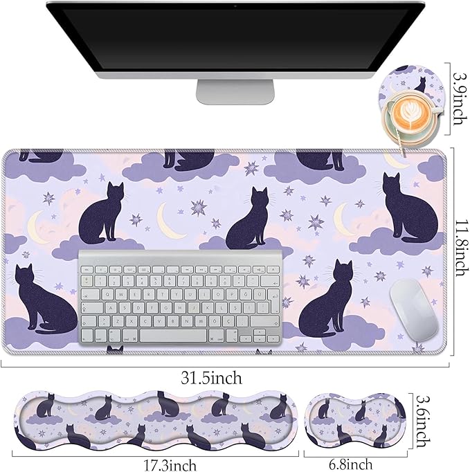 Keyboard Wrist Rest and Mouse Pad Set31.5x11.8 Inches Desk MatWaterproof Non-Slip Ergonomic Wrist Support for Pain ReliefExtended Desk Protector for Office Home GamingCute Cat Design