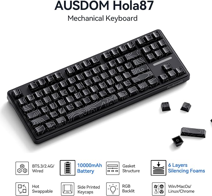 AUSDOM Wireless Mechanical Gaming Keyboard: 10000mAh Battery Tri-Mode 2.4G/BT5.3/USB-C Hot Swappable Custom Keyboard with RGB Backlit Side Printed PBT Keycaps 15-Layer Gasket Structure Topographic