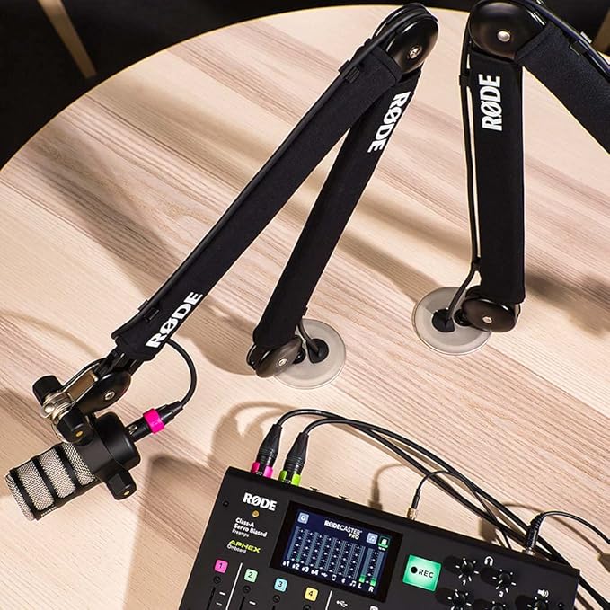 Rode PodMic Dynamic Podcasting Microphones (Pair) with Rode PSA1+ Professional Studio Boom Arms Studio Graded Headphones XLR Cables and StreamEye Polishing Cloth