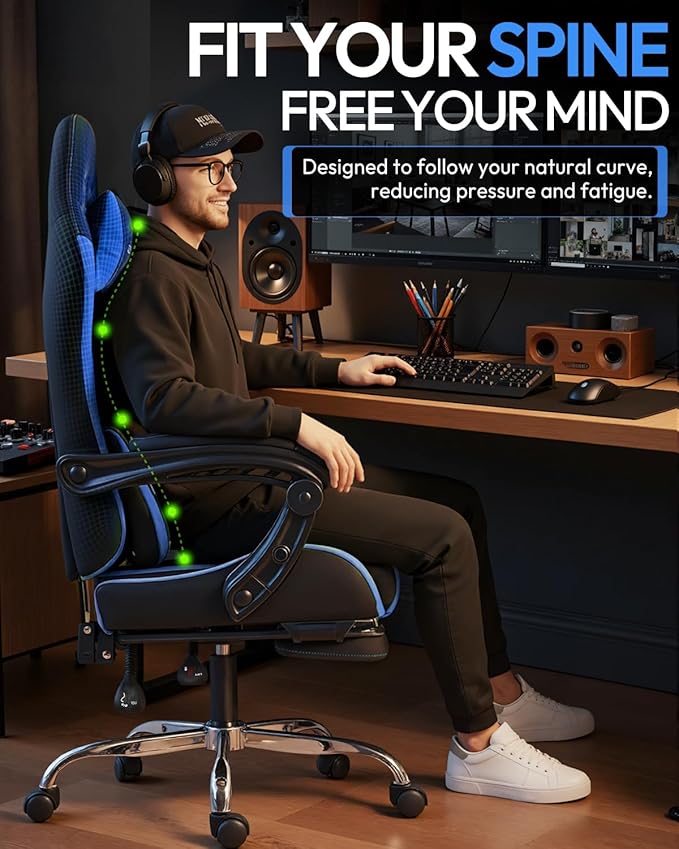 Dowinx Ergonomic Gaming Chair with Footrest &amp Massage Lumbar 2D-Linkage Armrests for Computer Chair 330lbs with Headrest Pillow for Office Home Streaming and Long Gaming Sessions Blue