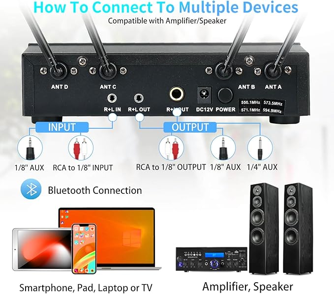 Pro Wireless Microphone System 4 Channel UHF Metal Cordless Handheld Mics with Echo Bluetooth for Church Karaoke Singing 4x50 Adjustable Frequency(MU-898 Battery 4 Handheld)