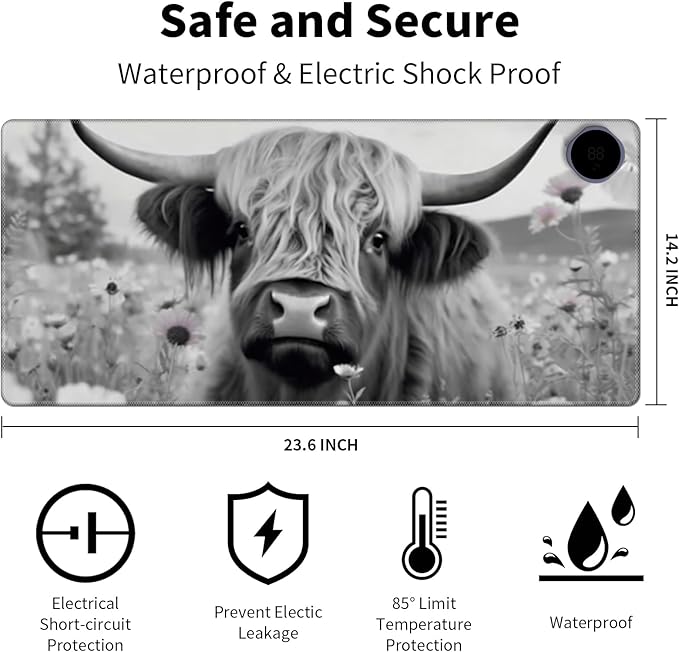 Warm Desk Pad Warm Mouse Pad Gaming Office Desk Matwith 3 Levels Heated &amp 3 Hours Auto Shut - 23.6 x 14.2 inch PU Leather Laptop Keyboard Mat for Home Office Hand WarmerHighland Cow Ox Cattle