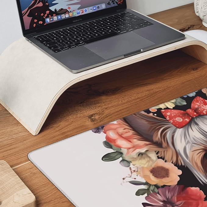 Gaming Mouse Pad Extended Full Keyboard Mat with Stitched Edges Anime Large Desk Pad with Non-Slip Base Yorkie Floral Mouse Mat for Gaming and Office 16 x 35.5 inches Mousepad