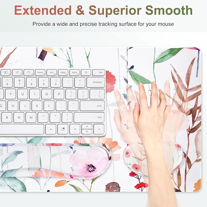 Large Gaming Mouse Pad Set 4 in 1 Extended Keyboard Desk Mat with Wrist Rest PC Computer Game Mousepad Set Non-Slip Desk Pad Easy Typing Pain Relief for Home Office I Orange Flowers