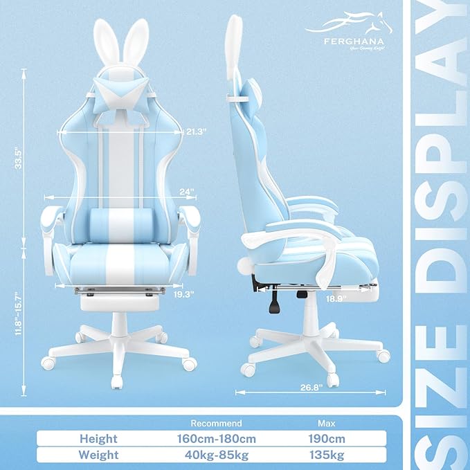 Ferghana Kawaii Light Blue Gaming Chair with Bunny Ears Ergonomic Cute Gamer Chair with Footrest and Massage Racing Reclining Home Computer Game Chair for Girls Adults Teens Kids