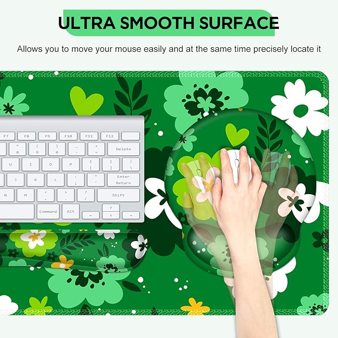 AIMSA Keyboard Mouse Pad Wrist Rest Set Large Gaming Mouse Desk Pad with Wrist Support Ergonomic Design 4 in 1 Mousepad for Home Office Green Flowers