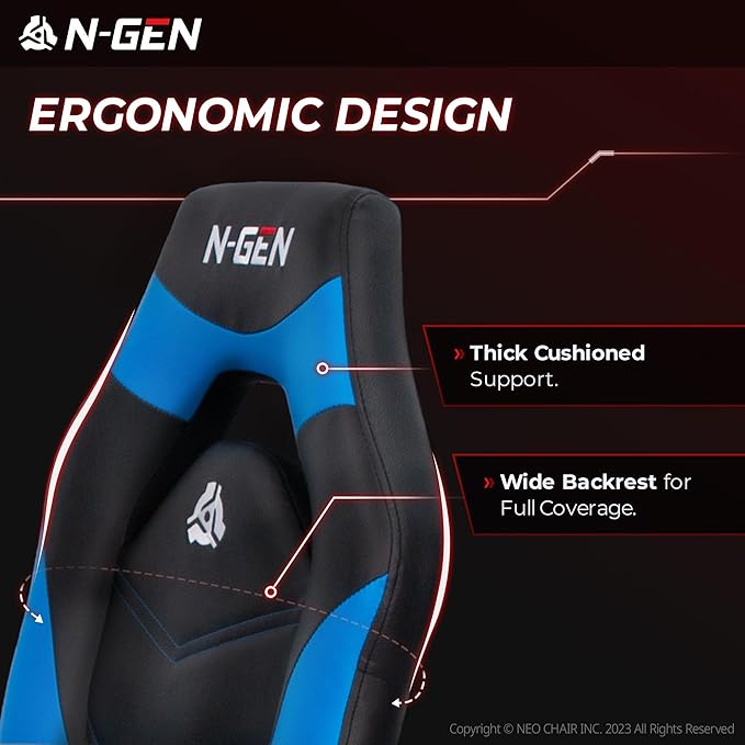 N-GEN Video Gaming Chair Ergonomic Computer Desk Office Chair with Lumbar Support Adjustable Height Swivel Wheels Flip-Up Arms PU Leather Home and Office (Blue)