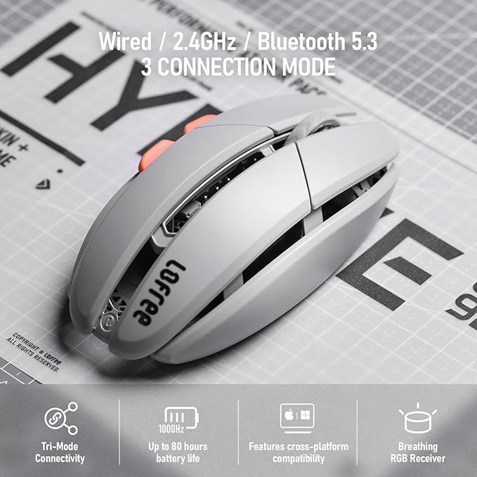 LOFREE Hypace Ultra-Lightweight Wireless Gaming Mouse 47g PAW3950 Sensor 40K DPI 8K Polling Rate Mg Alloy Frame Tri-Mode(Bluetooth/2.4GHz/Wired) 100Hrs Battery for PC/Mac (Jet Black)