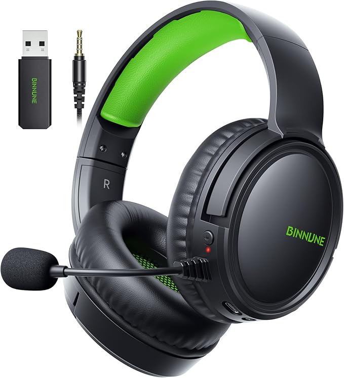 BINNUNE Wireless Gaming Headset — 2.4GHz Low-Latency USB Dongle + Bluetooth 50mm Drivers 7.1 Surround Noise-Cancelling Mic 40H Battery — Over Ear Wireless Headphones for PS5 PC Laptop Green