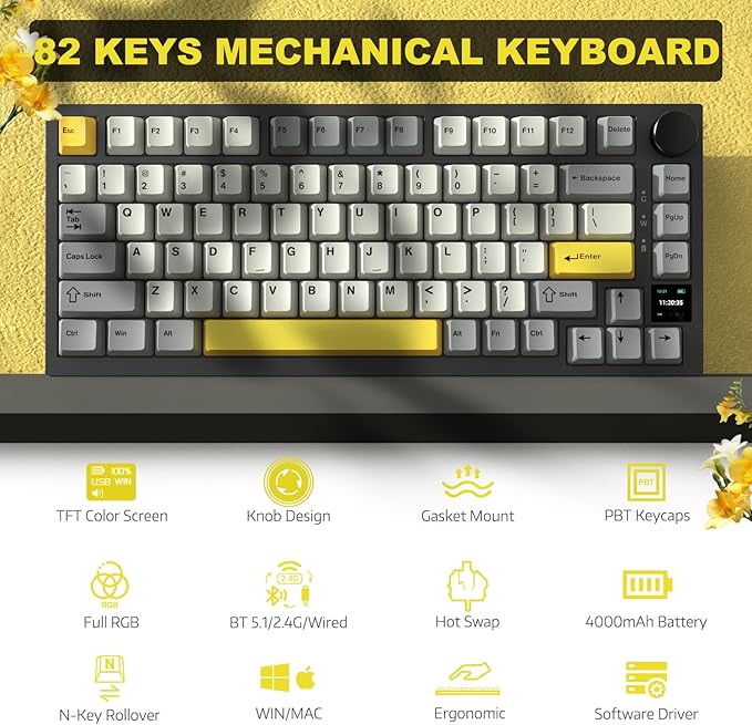 ATTACK SHARK Ajazz AK820 Pro Mechanical Keyboard with Knob&ampTFT DisplayBluetooth 5.1/2.4G Wireless/Type-C Wired 75% Percent Keyboard5-Layer Sound Absorbing FoamsSouth RGB (Grey Flying Fish Swit
