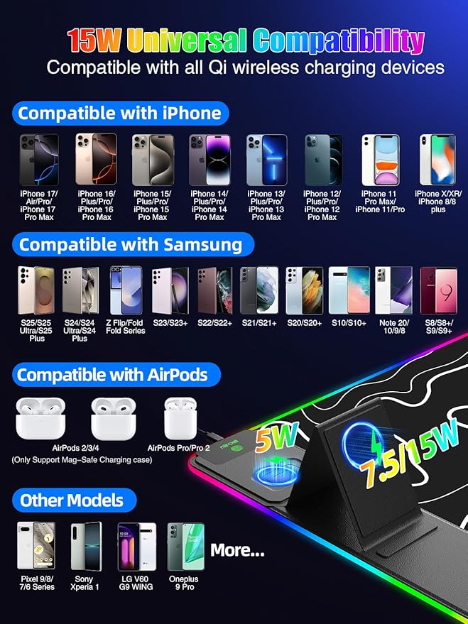 Mouse Pad with Foldable Phone Holder &amp Wireless Charger XXL RGB Gaming Mousepad 31.5x15.8 Large Desk Mat for Keyboard Black Desk Pad with Dual Qi Charging Station | 11 Colors 5 Modes | Waterpr