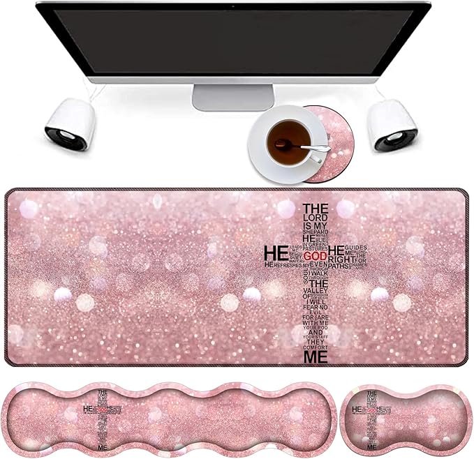 4 in 1 Mouse Pad Combo Large Gaming Mouse Pad + Keyboard Support + Mouse Rest + Coaster Table Pad with Stitched Edge Memory Foam Ergonomic Wrist Pad Set God Jesus Christian Cross