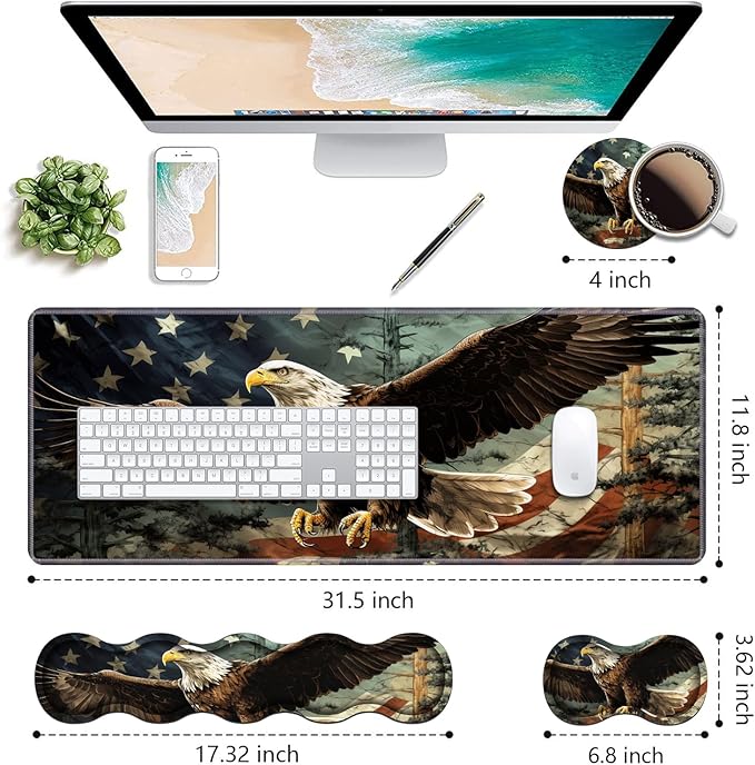 Ergonomic Keyboard Wrist Rest &amp Mouse Pad Wrist Rest SetLarge Gaming Desk Mat 31.5x 11.8 with Non-Slip BaseMemory FoamEasy Typing Pain Relief for Home &amp OfficePatriotic American Flag Bal