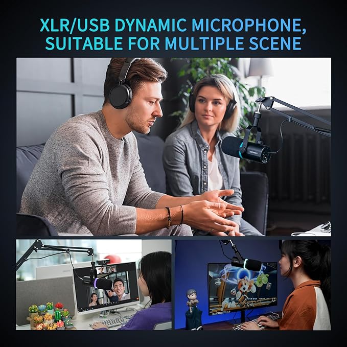 FEELWORLD PM1 XLR USB Dynamic Microphone Gifts for Podcast Recording PC Computer Gaming Live Streaming Vocal Voice-Over Studio Metal Mic with Voice-Isolating RGB Light Mute Button Headphones Jack