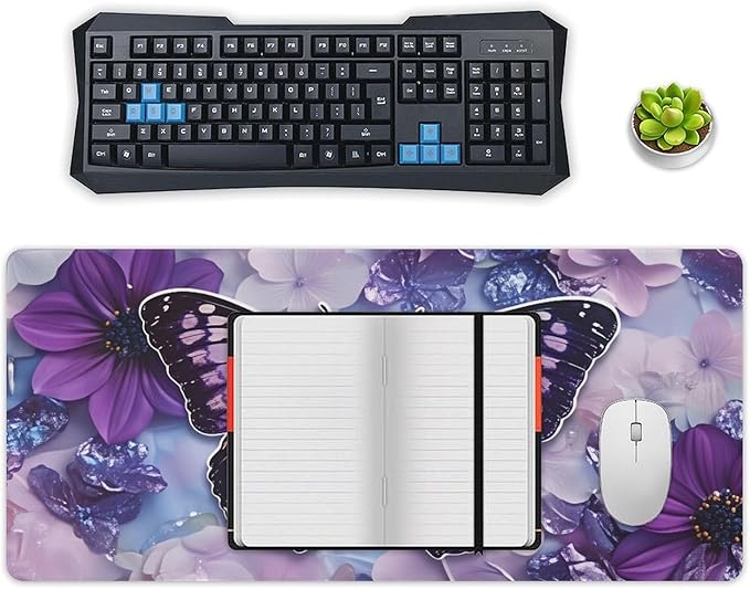 Purple Butterfly Floral Mouse Pad Large Desk Mat Extended Keyboard Mouse Pad with Non-Slip Base and Stitched Edge Mouse Mat Desk Pad 36x16 Mouse Pads for Desk Home Office Gaming