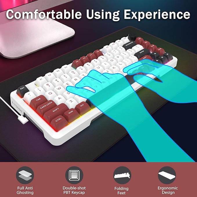E-YOOSO 75% Wired Mechanical Gaming Keyboard Creamy Sound Hot Swappable Pre-lubed Linear Switches Gasket Structure Knob Control RGB Backlit Compact Custom for PC White/Red