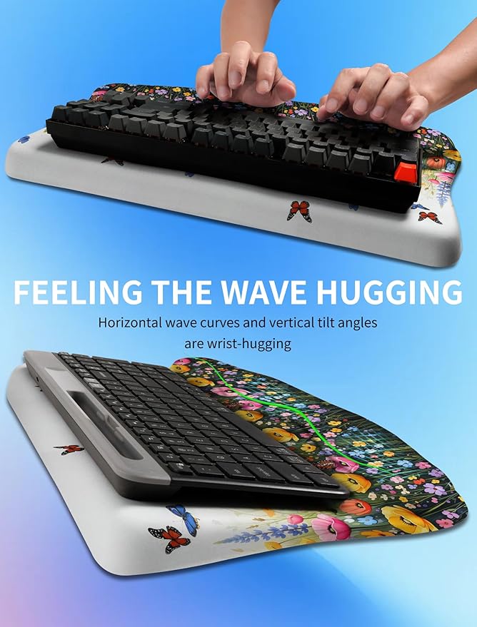 Ergonomic Wave Wrist Rest with Keyboard Stand Cushioned Palm Rest Comfortable Integrated Memory Foam for Natural Typing and Relieve Wrist Pain Flowers and Butterflies