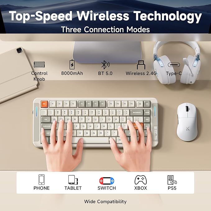 MCHOSE X75 V2 Wireless Mechanical Keyboard Volume Knob Tri-mode BT5.0/2.4GHz/USB-C Hot Swappable Custom Keyboards Linear Switch Creamy keyboardsRGB Gaming Keyboard for PC/Tablet/PS/XboxRetro White