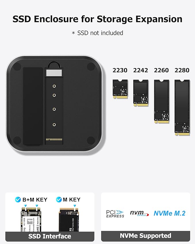 Mac mini M4 Dock with NVMe SSD Enclosure 40Gbps 8TB SSD Support 10-in-2 USB-C Hub with 2×USB-A USB-C 10Gbps 2×USB-A 5Gbps HDMI DP SD/TF Reader Magnetic Cover