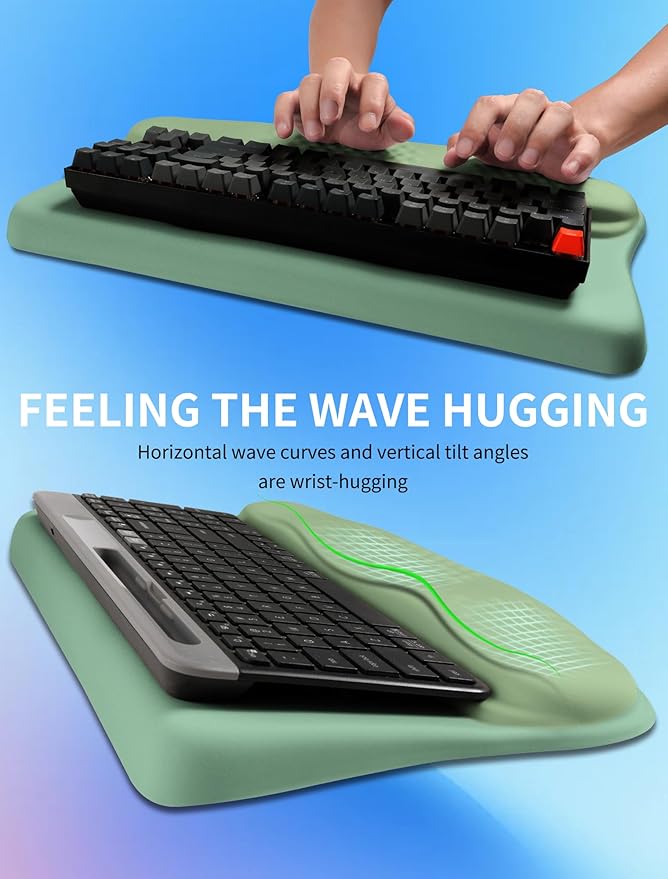 Ergonomic Wave Wrist Rest with Keyboard Stand Cushioned Palm Rest Comfortable Integrated Memory Foam for Natural Typing and Relieve Wrist Pain Minty Olives Green