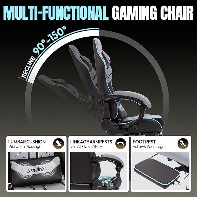 Dowinx Gaming Chair Big and Tall 350LBS Heavy Duty PC Gaming Chair with Massage &amp Footrest Ergonomic Reclining Gamer Chair with Embroidered Esports Design Grey