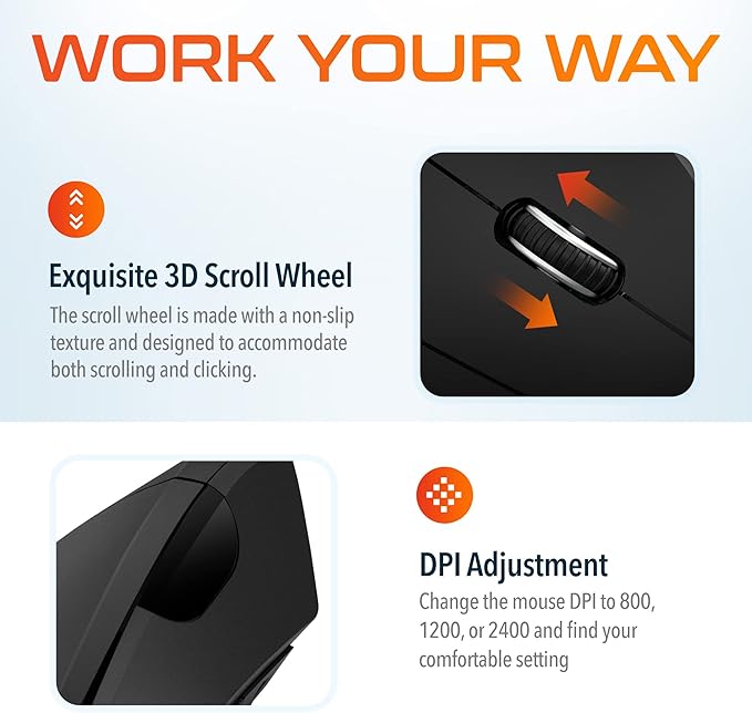 Delton Ergonomic Vertical Rechargeable Wireless Mouse with Auto Pair USB Dongle 6 Buttons 3 Adjustable DPI Levels (800/1200/2400) Compatible for PC Laptop Mac Chromebook - Black