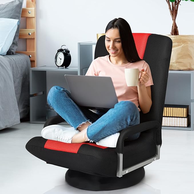S AFSTAR Floor Gaming Chair Swivel Foldable Chair with Armrest &amp 6-Position Adjustable Backrest Folding Rocker for TV Reading &amp Home Office (Red)